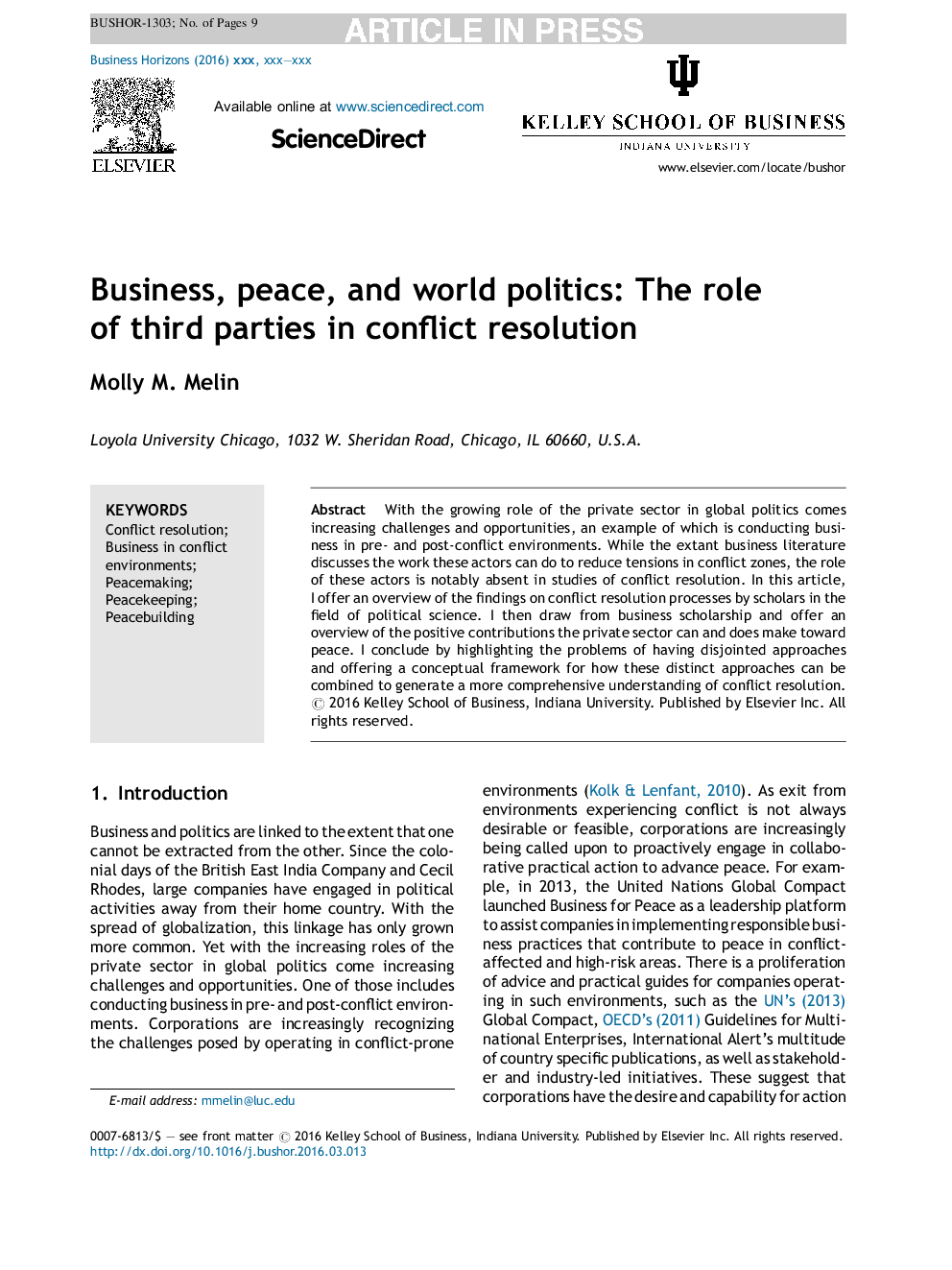 Business, peace, and world politics: The role of third parties in conflict resolution