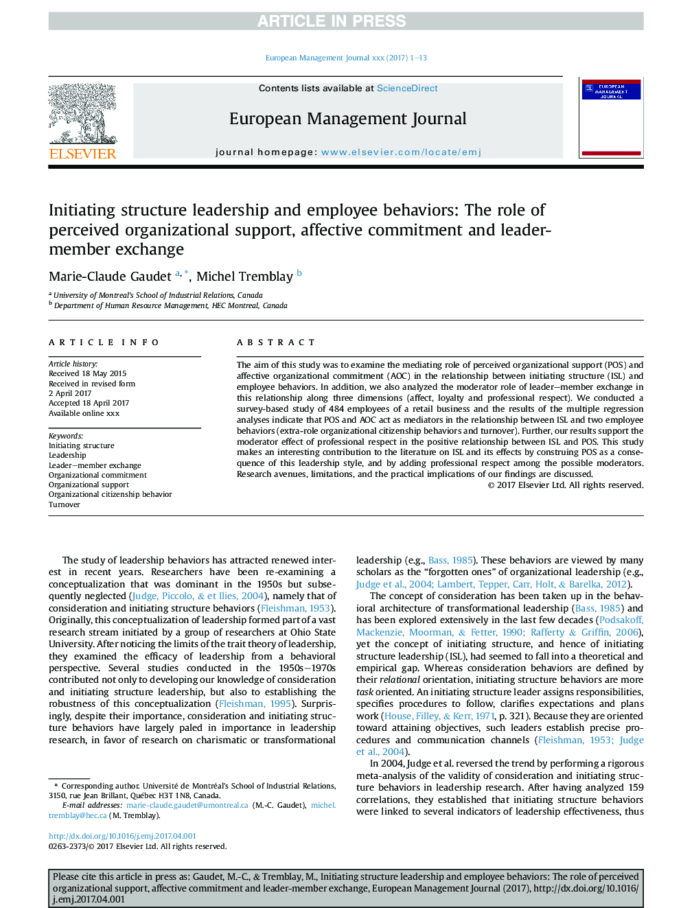 Initiating structure leadership and employee behaviors: The role ofÂ perceived organizational support, affective commitment and leader-member exchange