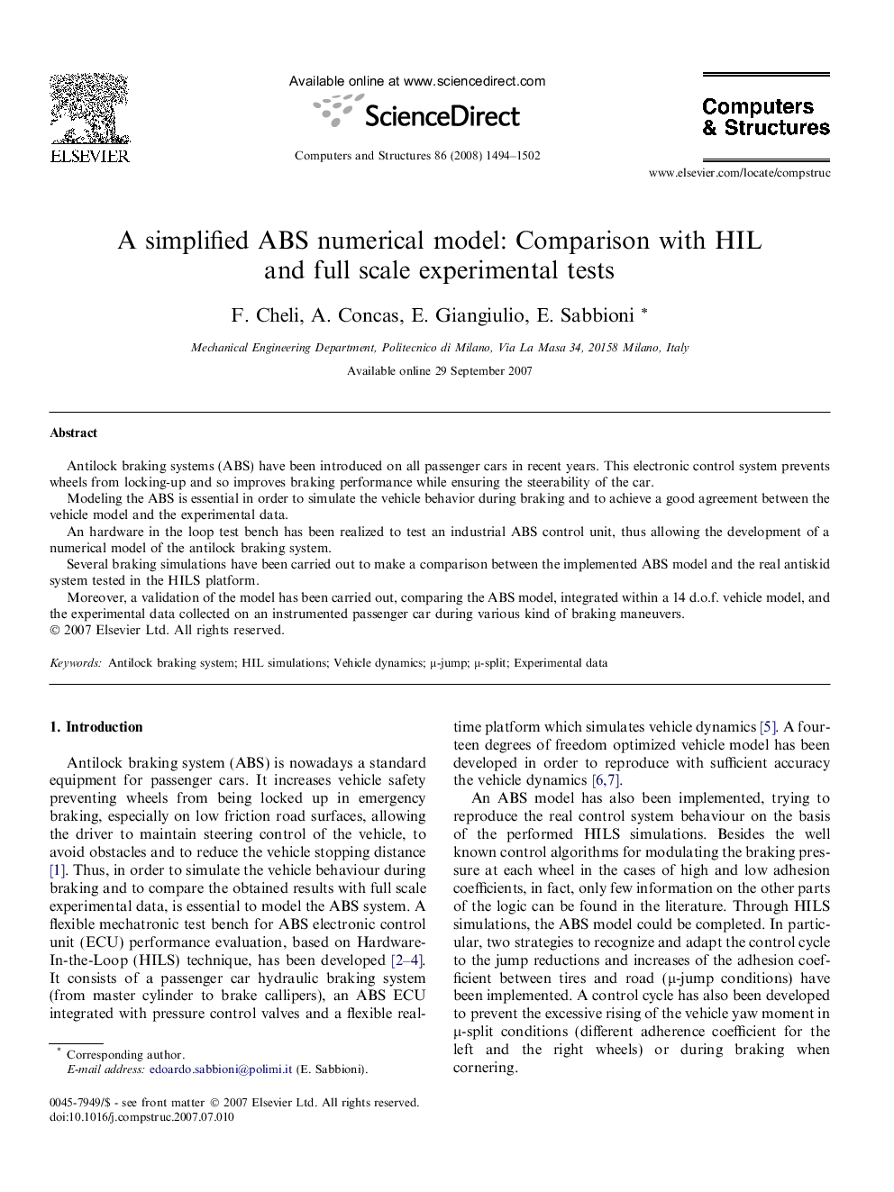 A simplified ABS numerical model: Comparison with HIL and full scale experimental tests