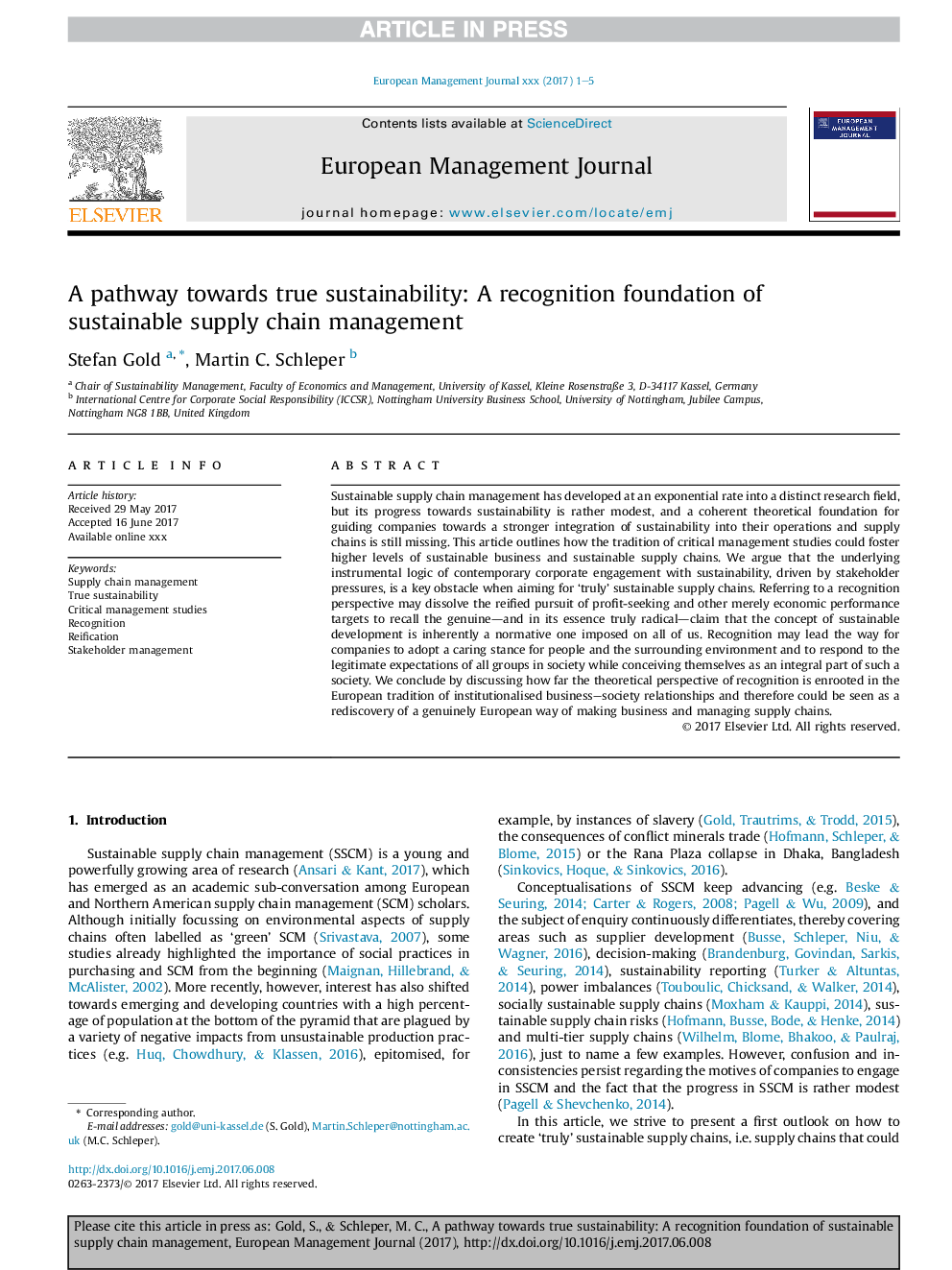 A pathway towards true sustainability: A recognition foundation of sustainable supply chain management