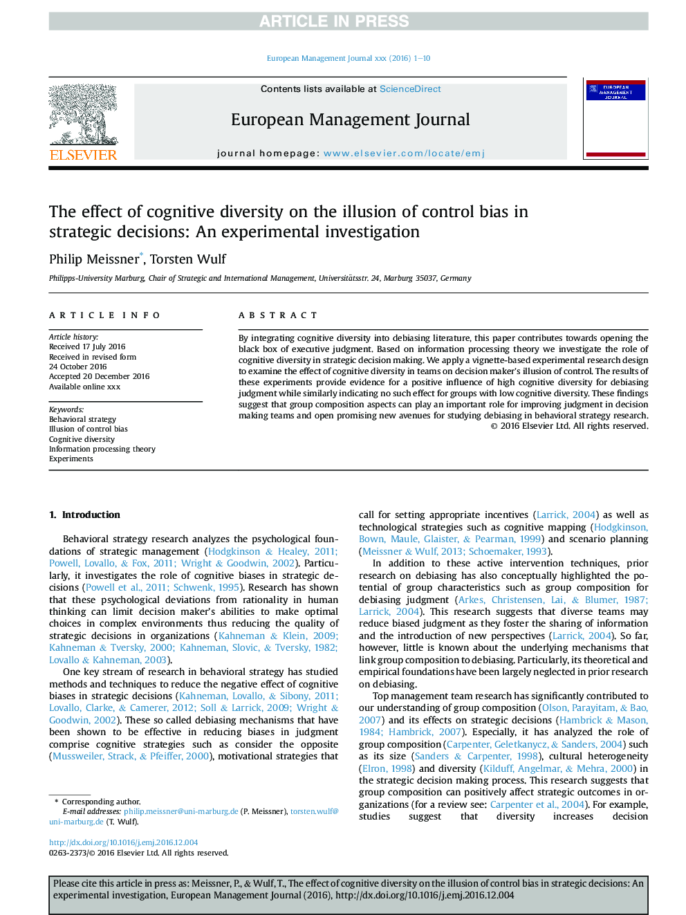 The effect of cognitive diversity on the illusion of control bias in strategic decisions: An experimental investigation