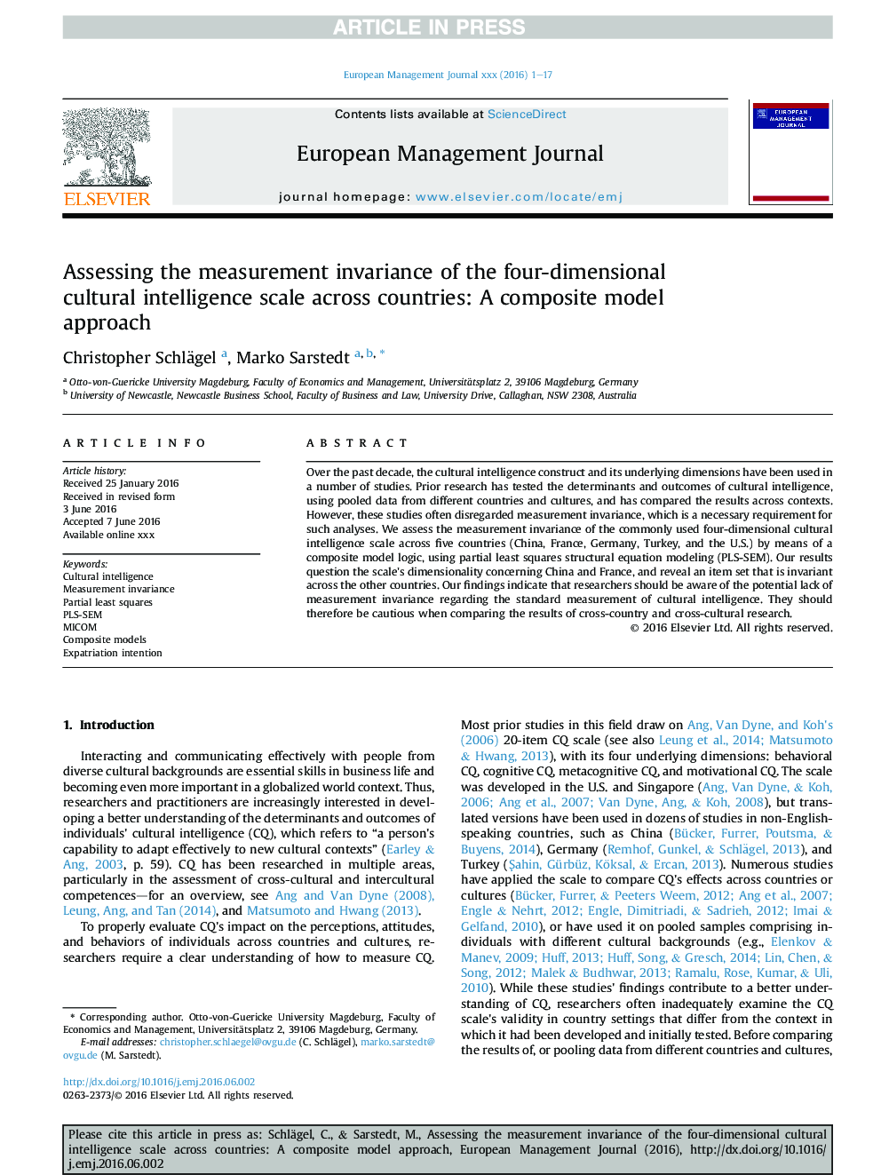 Assessing the measurement invariance of the four-dimensional cultural intelligence scale across countries: A composite model approach