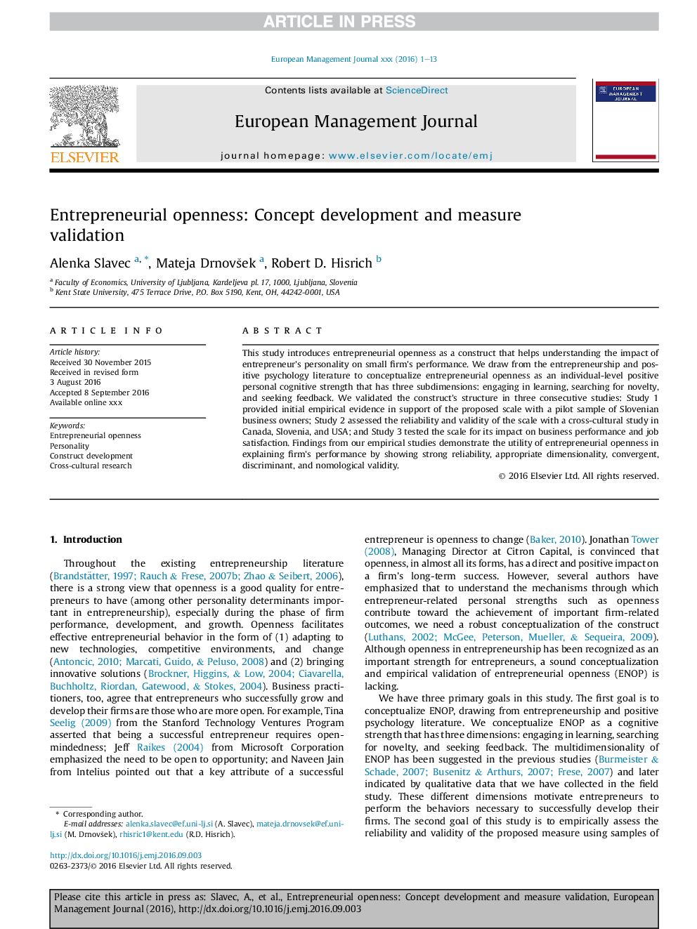 Entrepreneurial openness: Concept development and measure validation