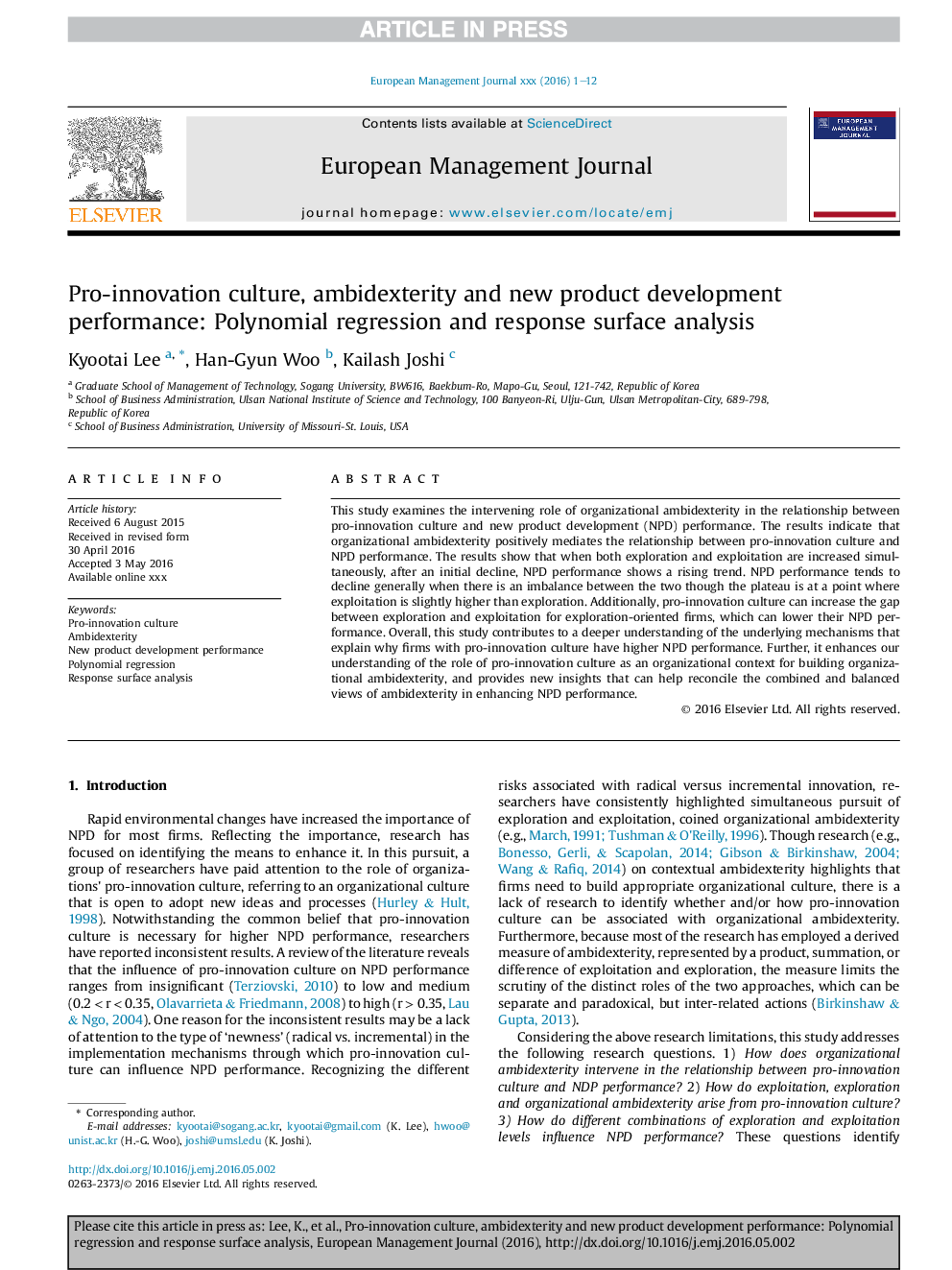 Pro-innovation culture, ambidexterity and new product development performance: Polynomial regression and response surface analysis