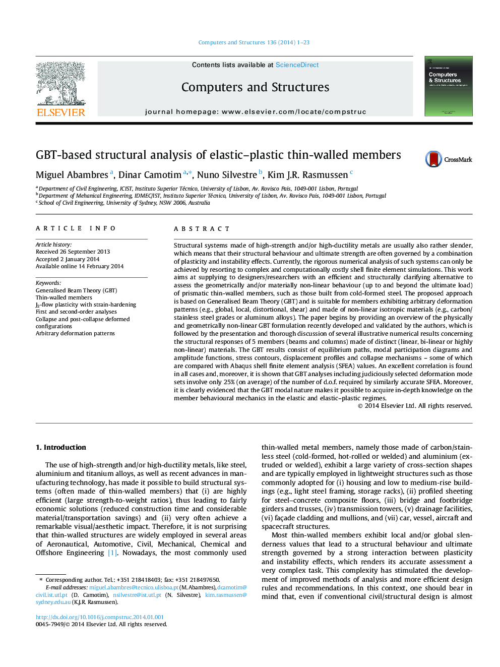 GBT-based structural analysis of elastic–plastic thin-walled members