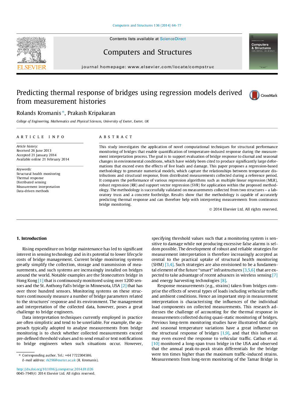 Predicting thermal response of bridges using regression models derived from measurement histories