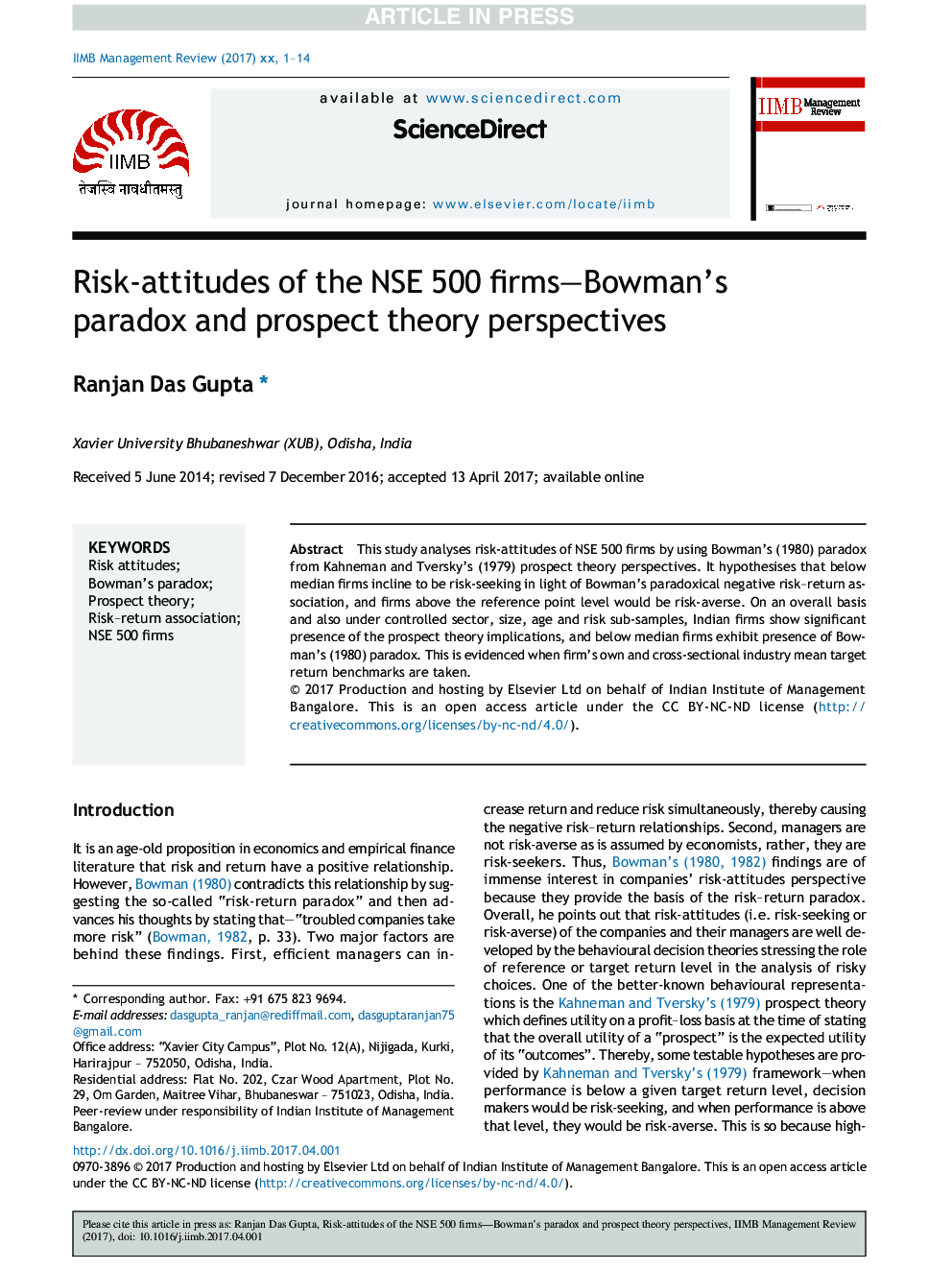 Risk-attitudes of the NSE 500 firms-Bowman's paradox and prospect theory perspectives