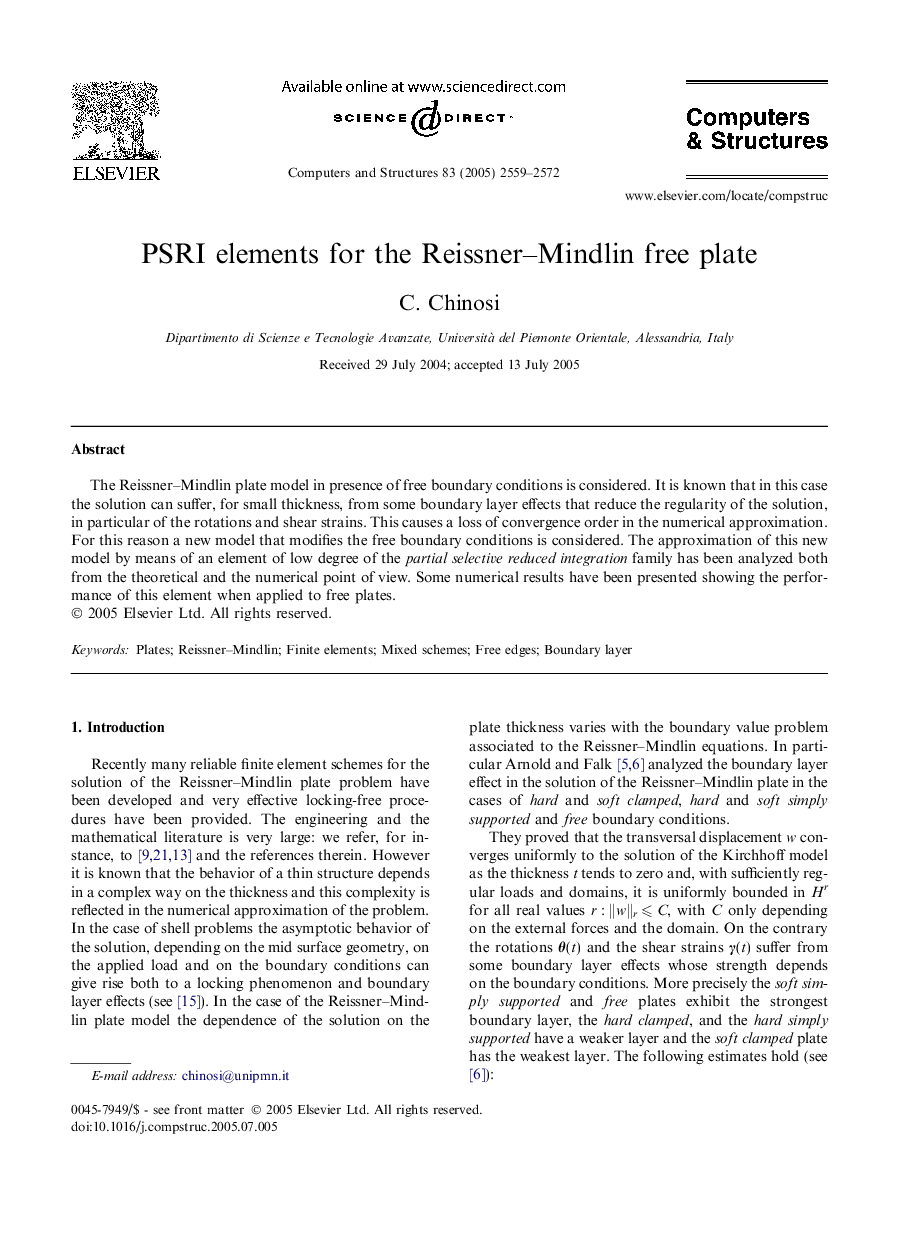 PSRI elements for the Reissner–Mindlin free plate