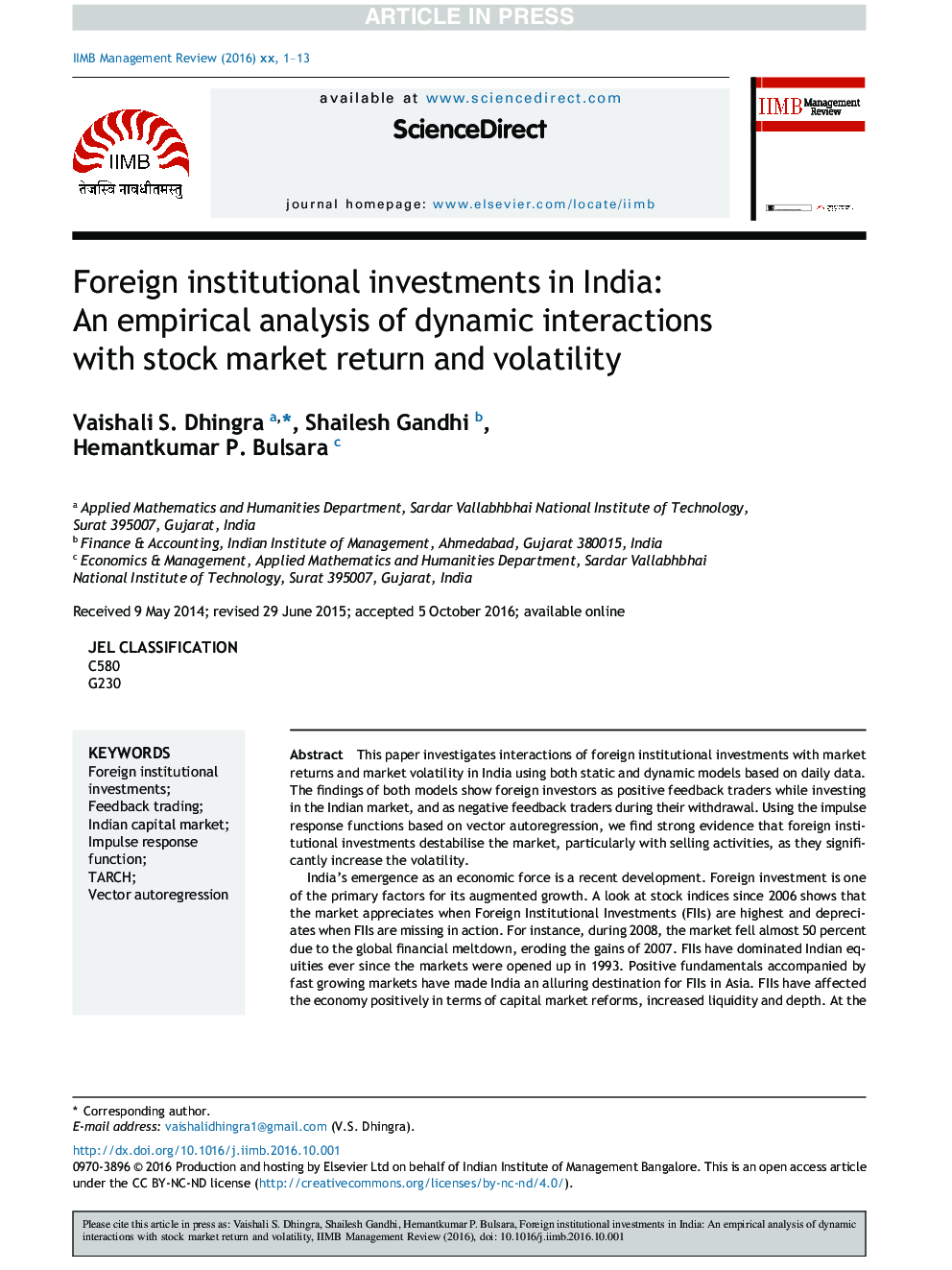 Foreign institutional investments in India: An empirical analysis of dynamic interactions with stock market return and volatility