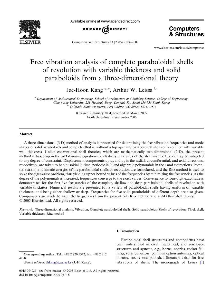 Free vibration analysis of complete paraboloidal shells of revolution with variable thickness and solid paraboloids from a three-dimensional theory