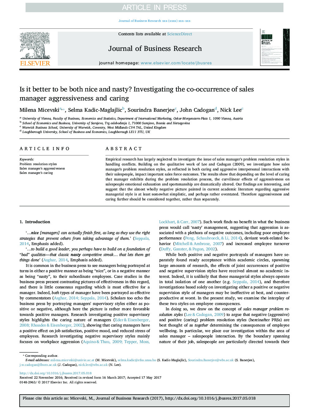 Is it better to be both nice and nasty? Investigating the co-occurrence of sales manager aggressiveness and caring