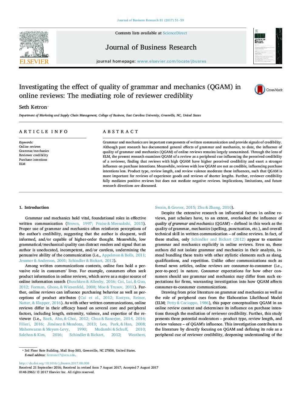 Investigating the effect of quality of grammar and mechanics (QGAM) in online reviews: The mediating role of reviewer crediblity