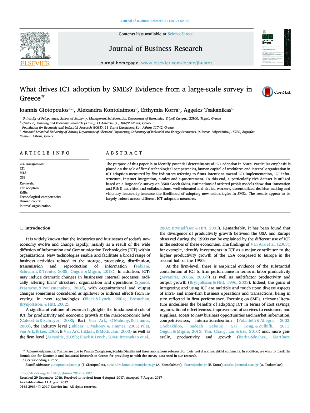 What drives ICT adoption by SMEs? Evidence from a large-scale survey in Greece