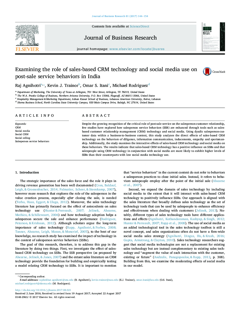 Examining the role of sales-based CRM technology and social media use on post-sale service behaviors in India