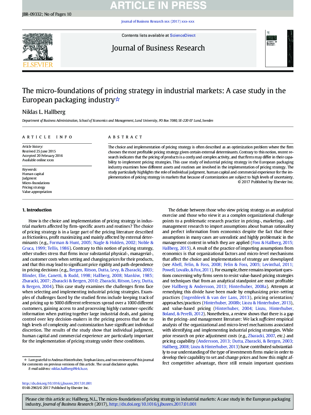 The micro-foundations of pricing strategy in industrial markets: A case study in the European packaging industry
