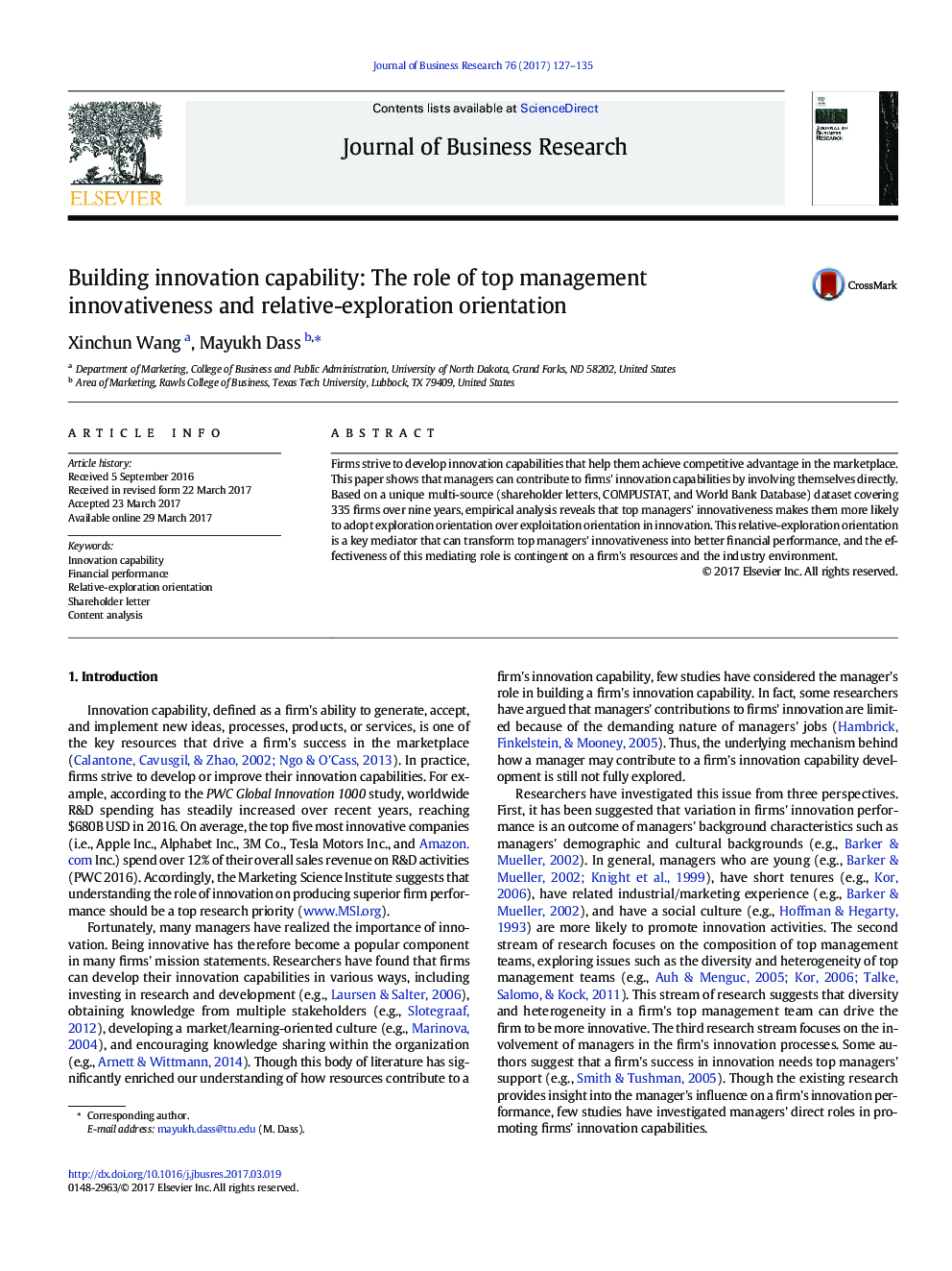 Building innovation capability: The role of top management innovativeness and relative-exploration orientation