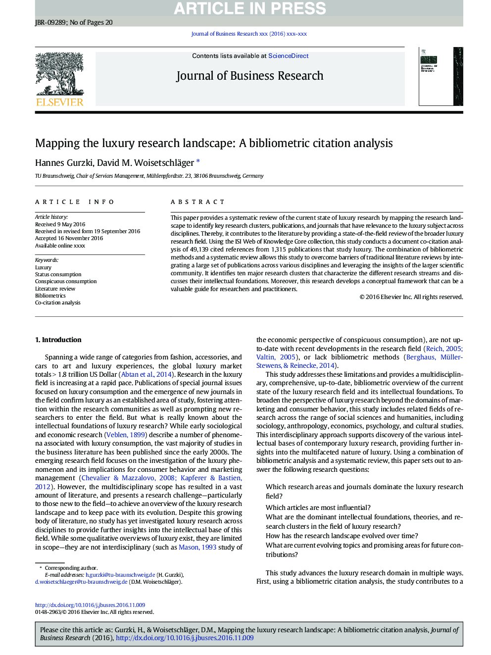 Mapping the luxury research landscape: A bibliometric citation analysis