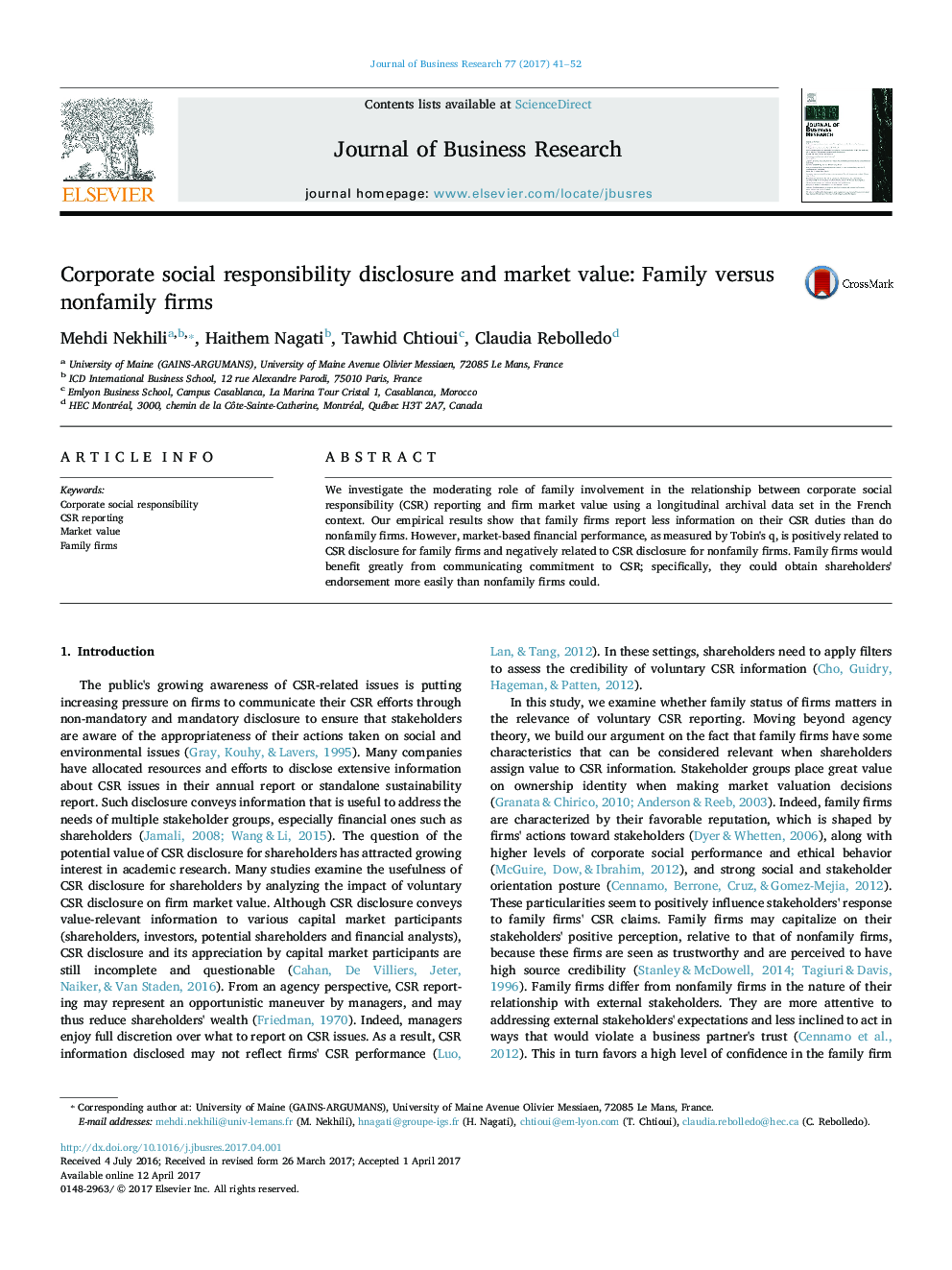 Corporate social responsibility disclosure and market value: Family versus nonfamily firms