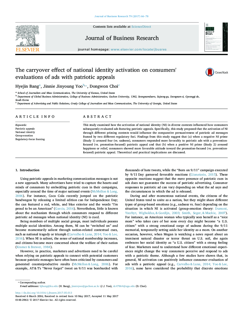 The carryover effect of national identity activation on consumers' evaluations of ads with patriotic appeals