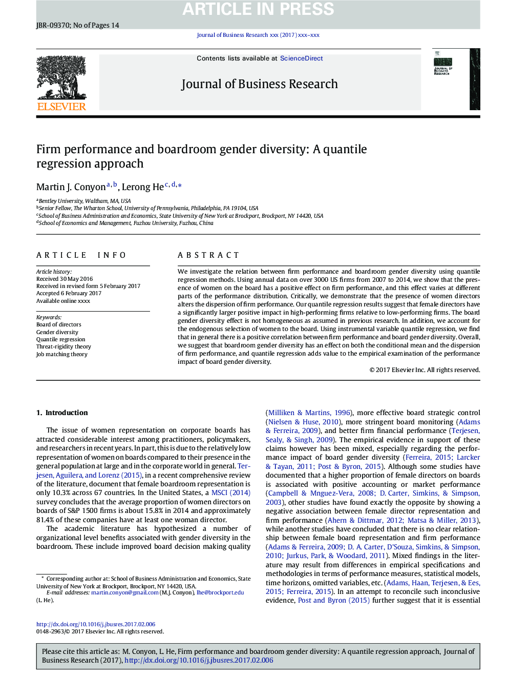 Firm performance and boardroom gender diversity: A quantile regression approach