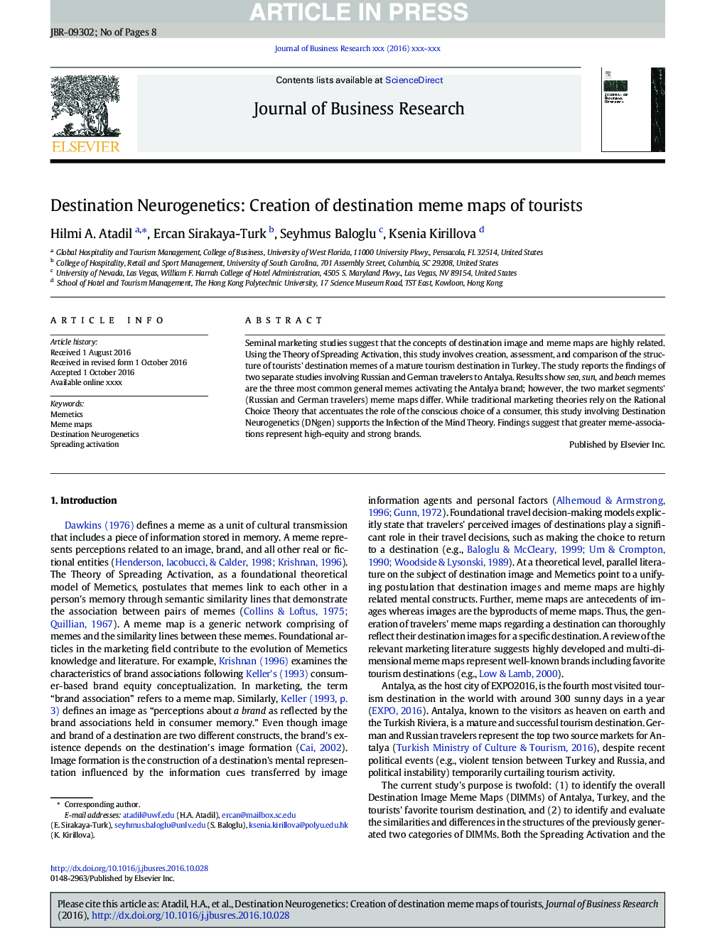 Destination Neurogenetics: Creation of destination meme maps of tourists