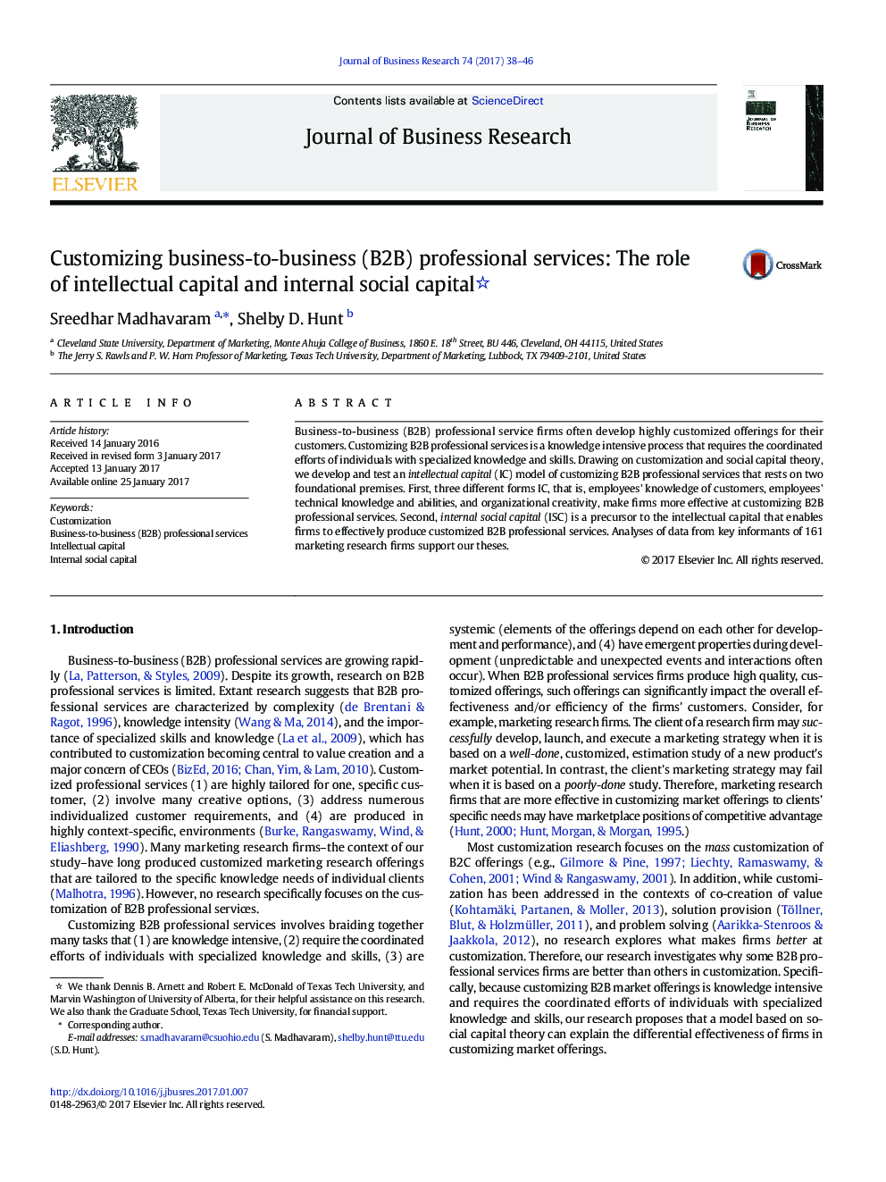 Customizing business-to-business (B2B) professional services: The role of intellectual capital and internal social capital