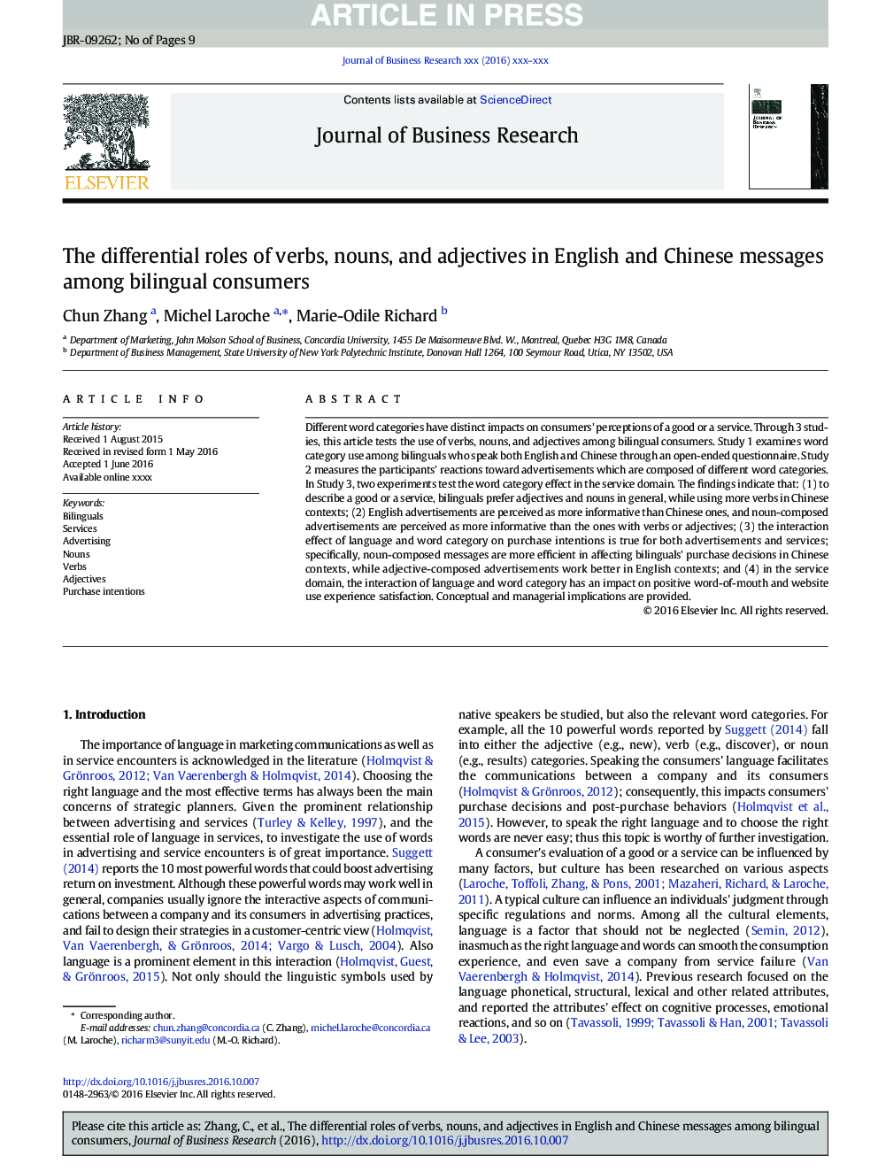 The differential roles of verbs, nouns, and adjectives in English and Chinese messages among bilingual consumers