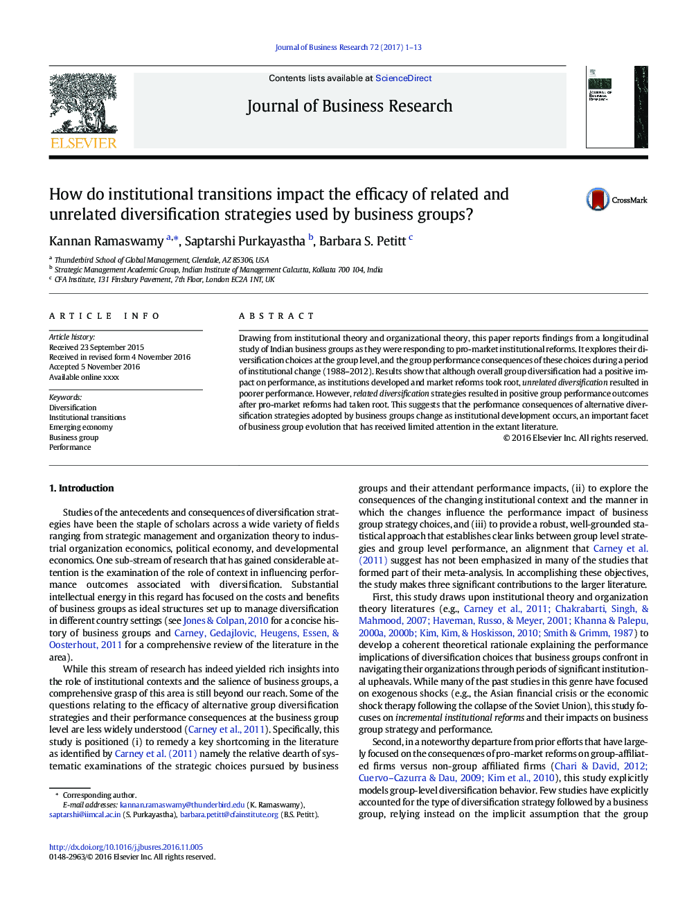 How do institutional transitions impact the efficacy of related and unrelated diversification strategies used by business groups?