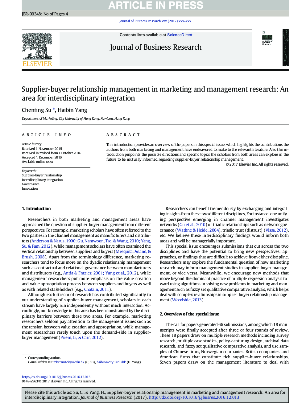 Supplier-buyer relationship management in marketing and management research: An area for interdisciplinary integration
