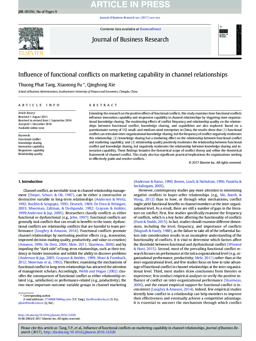 Influence of functional conflicts on marketing capability in channel relationships