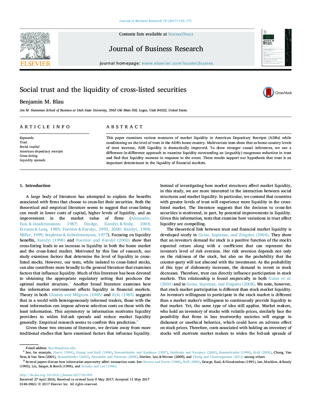 Social trust and the liquidity of cross-listed securities