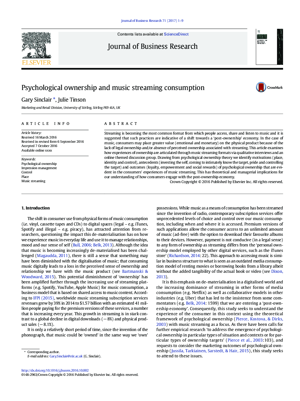 Psychological ownership and music streaming consumption