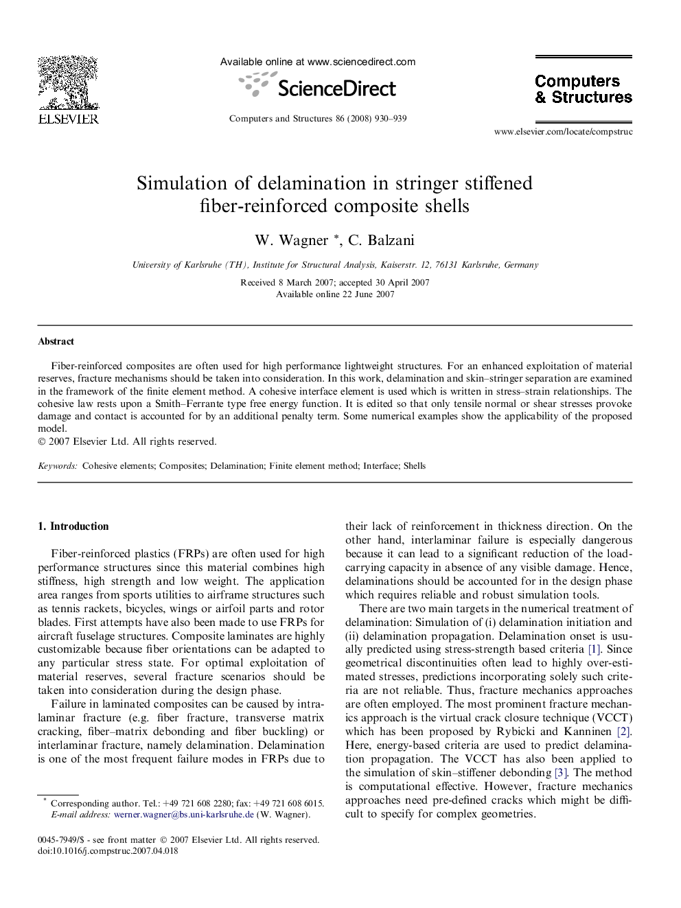 Simulation of delamination in stringer stiffened fiber-reinforced composite shells