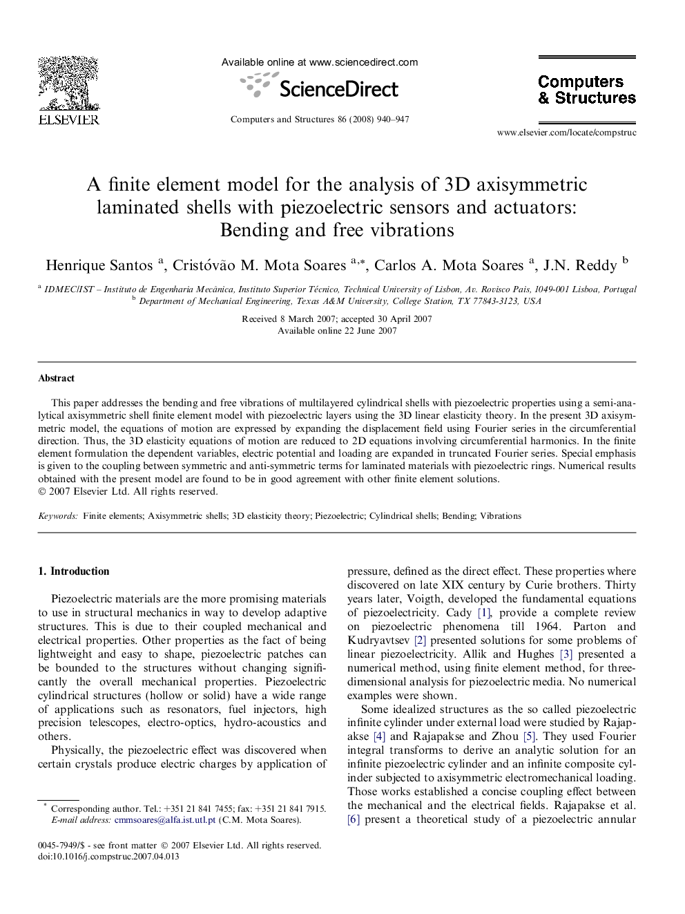 A finite element model for the analysis of 3D axisymmetric laminated shells with piezoelectric sensors and actuators: Bending and free vibrations