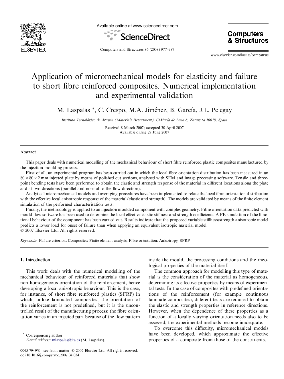 Application of micromechanical models for elasticity and failure to short fibre reinforced composites. Numerical implementation and experimental validation