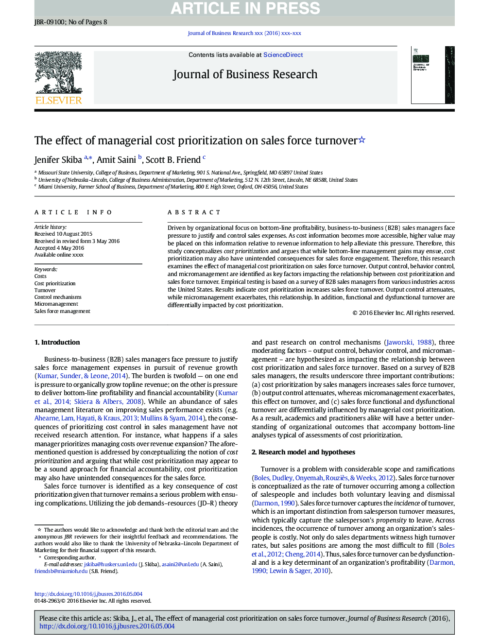 The effect of managerial cost prioritization on sales force turnover