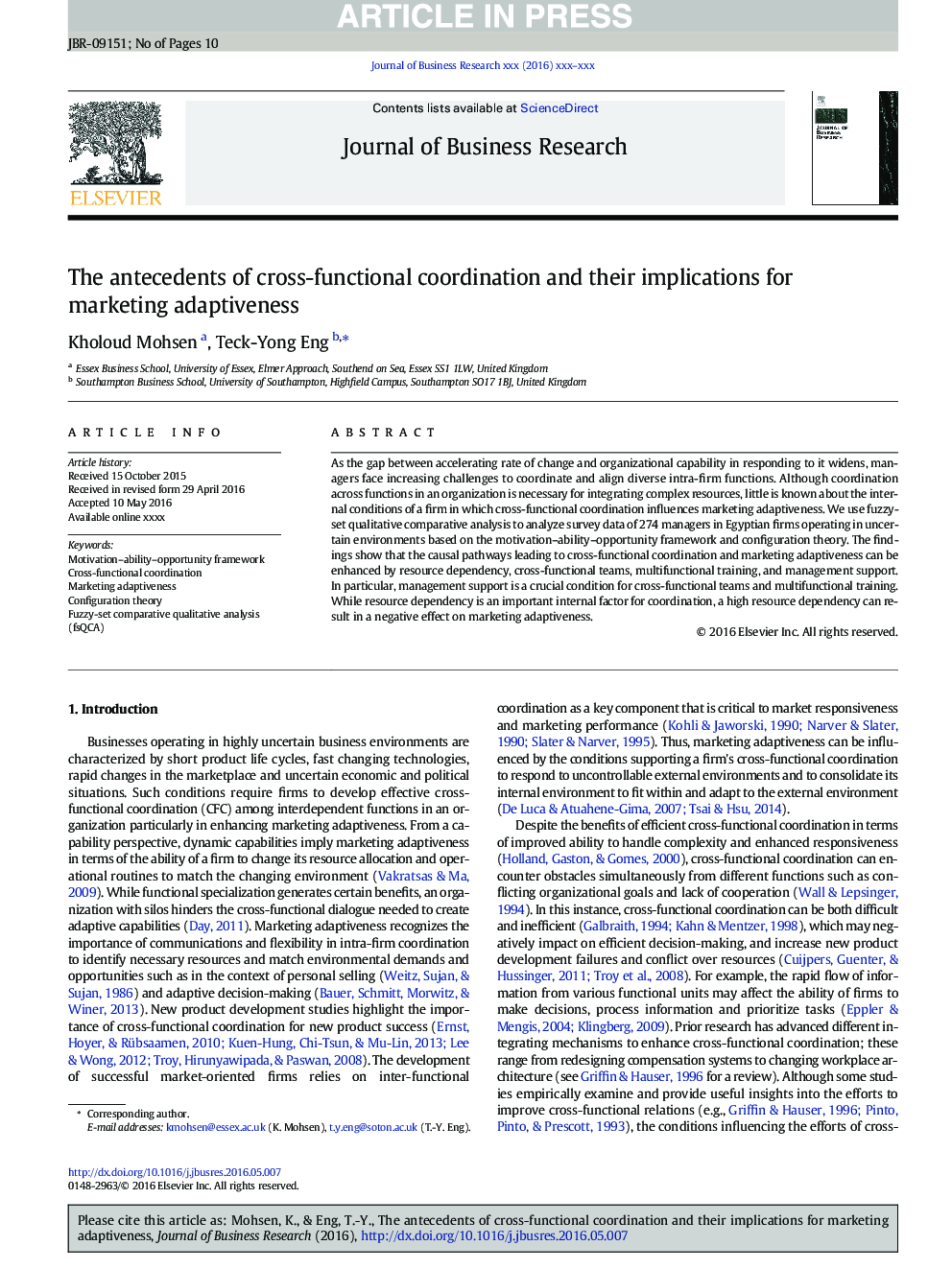 The antecedents of cross-functional coordination and their implications for marketing adaptiveness