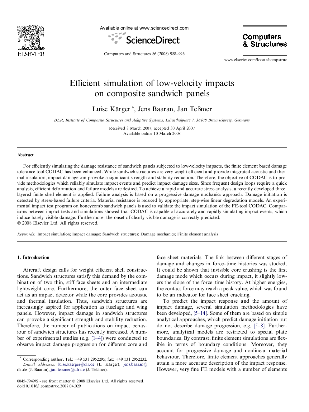 Efficient simulation of low-velocity impacts on composite sandwich panels