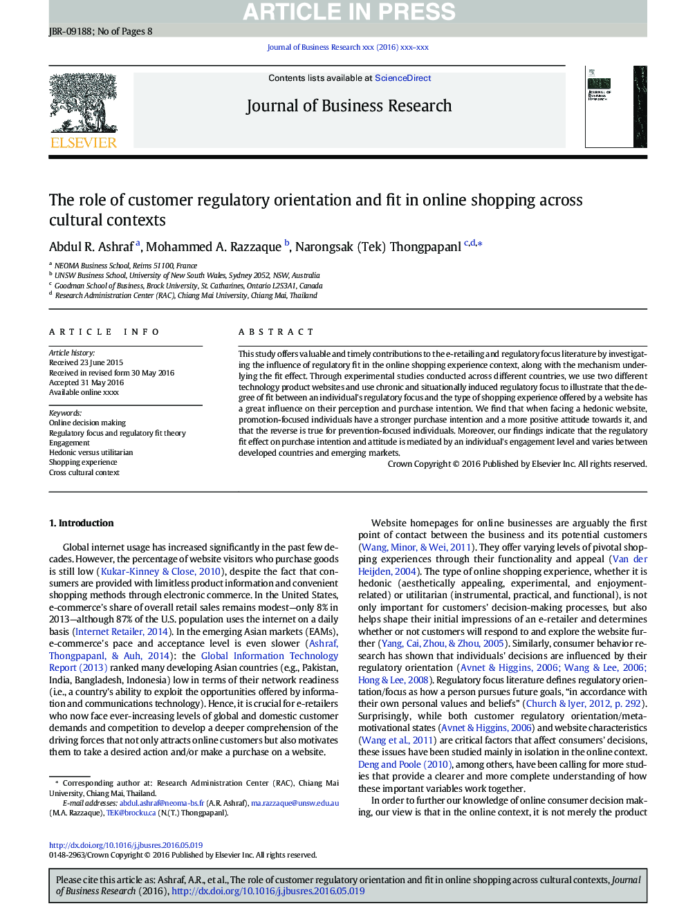 The role of customer regulatory orientation and fit in online shopping across cultural contexts