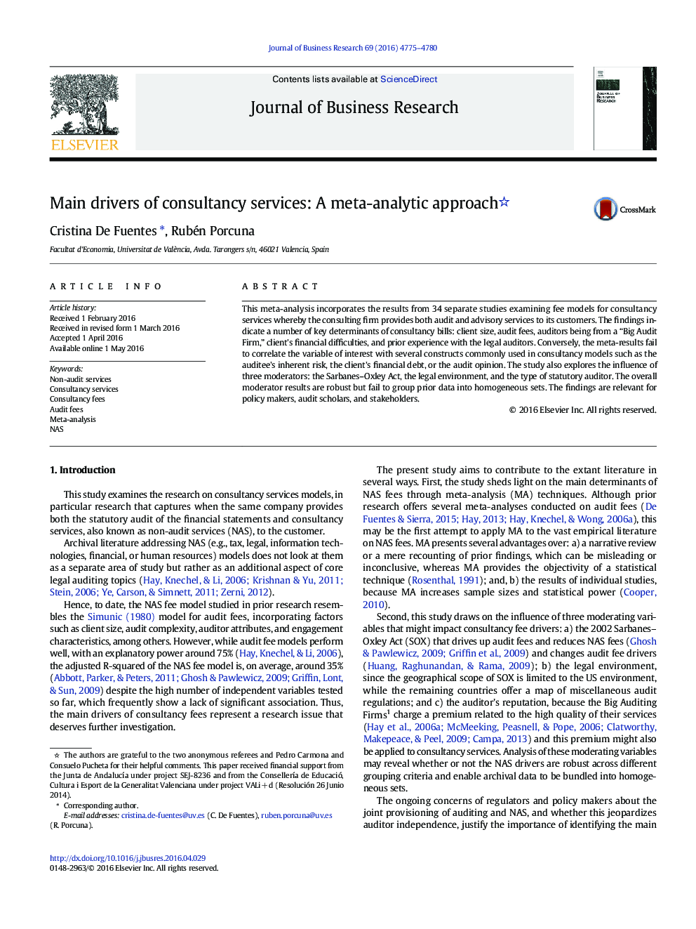 Main drivers of consultancy services: A meta-analytic approach