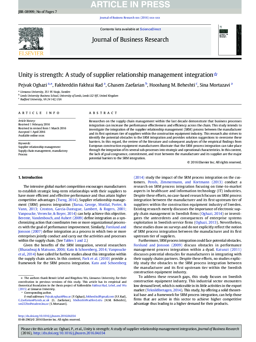 Unity is strength: A study of supplier relationship management integration