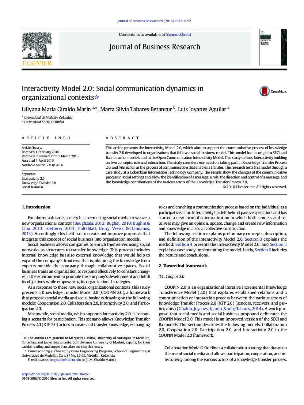 عکس صفحه اول مقاله: Interactivity Model 2.0: Social communication dynamics in organizational contexts Interactivity Model 2.0: Social communication dynamics in organizational contexts
