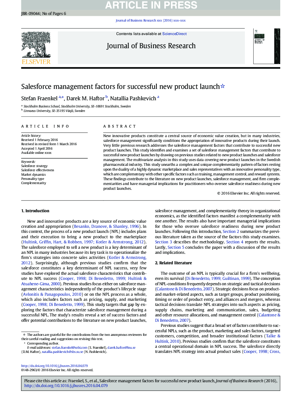عکس صفحه اول مقاله: Salesforce management factors for successful new product launch Salesforce management factors for successful new product launch