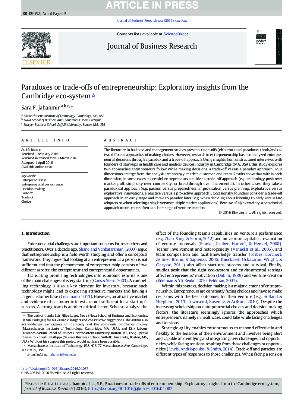 Paradoxes or trade-offs of entrepreneurship: Exploratory insights from the Cambridge eco-system