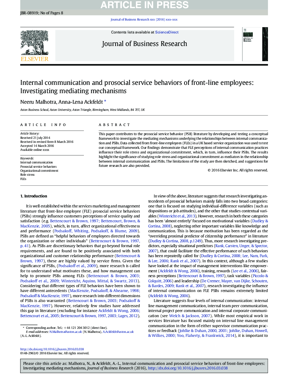 ارتباطات داخلی و رفتارهای خدمات پس از کارکنان خط مقدم: بررسی مکانیزم های واسطه 