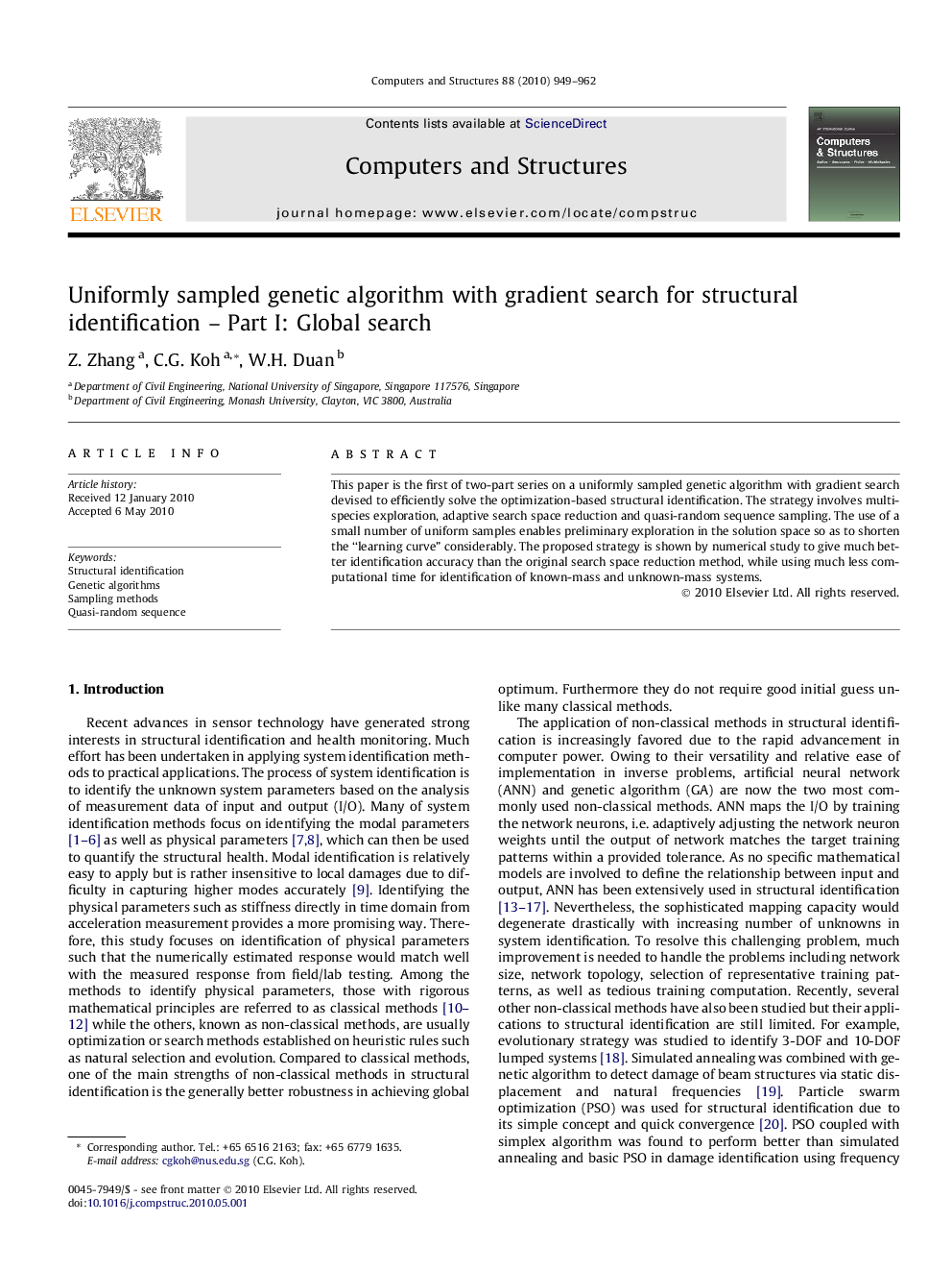 Uniformly sampled genetic algorithm with gradient search for structural identification – Part I: Global search