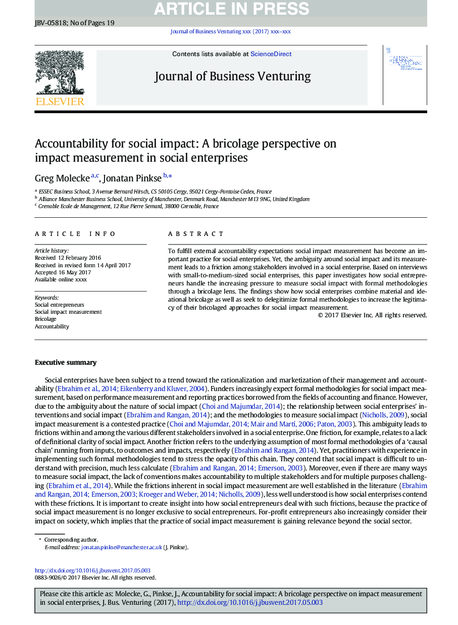 Accountability for social impact: A bricolage perspective on impact measurement in social enterprises