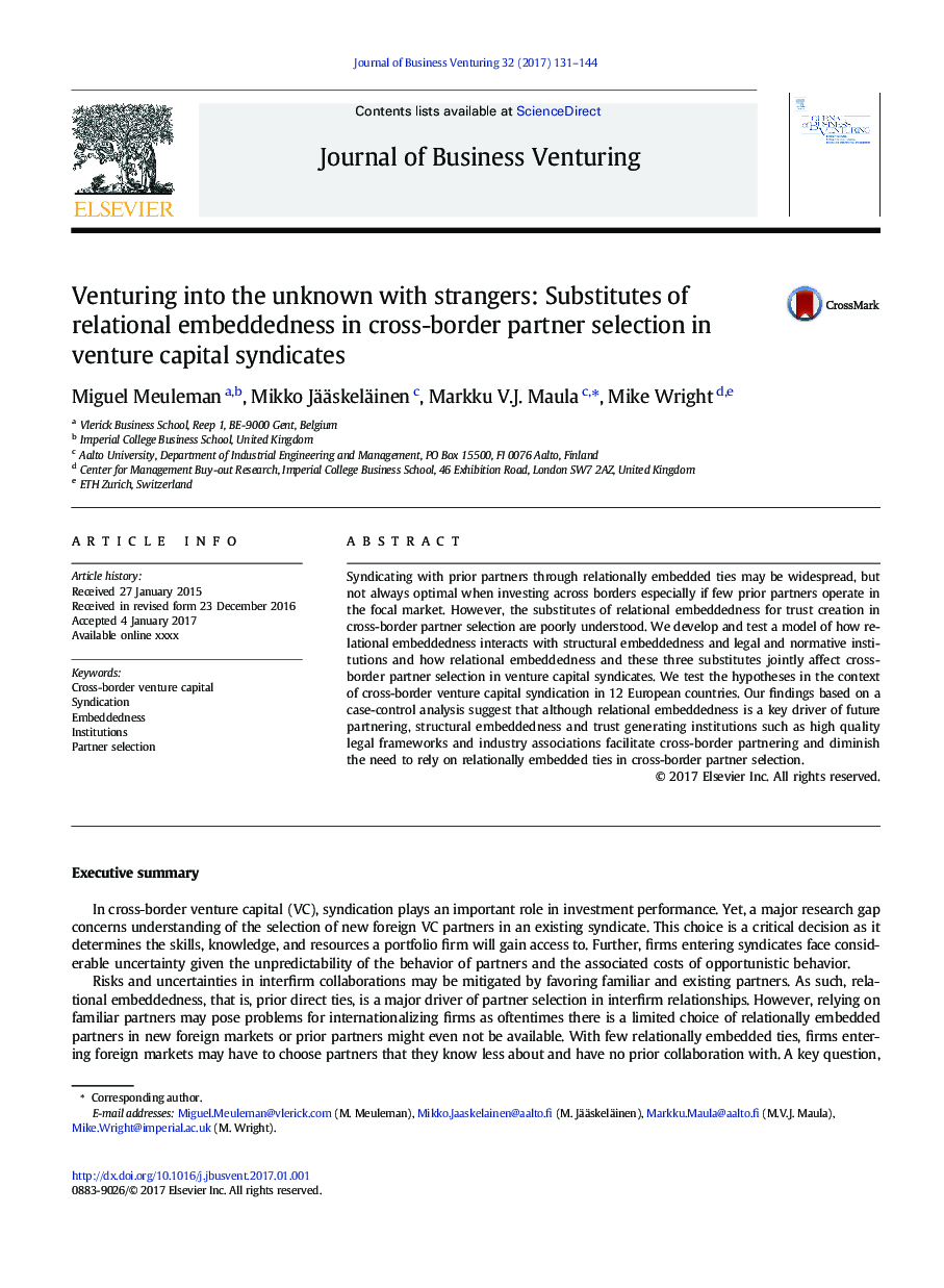 Venturing into the unknown with strangers: Substitutes of relational embeddedness in cross-border partner selection in venture capital syndicates