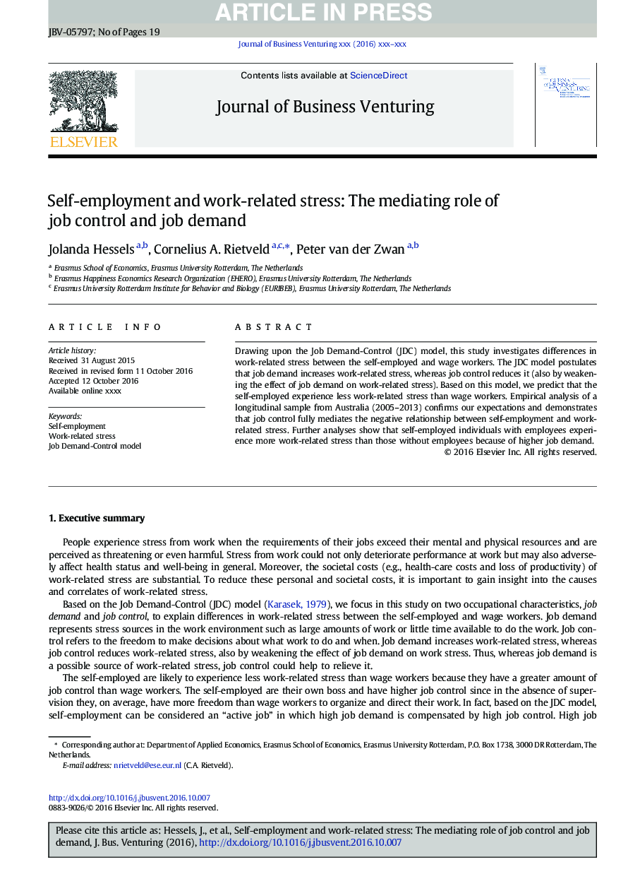 Self-employment and work-related stress: The mediating role of job control and job demand