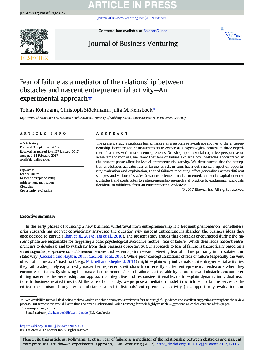 Fear of failure as a mediator of the relationship between obstacles and nascent entrepreneurial activity-An experimental approach